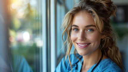 Wall Mural - female nurse enjoying cup of coffee at home after work standing by window morning tebefore work work life balance for healthcare worker