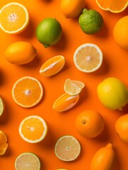 Wall Mural - Assorted Citrus Fruits Arranged on Bright Orange Background