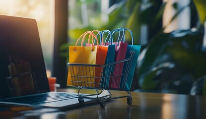 Colorful shopping bags in a small metal cart on a laptop computer, depicting an online retail concept. Digital marketing and e-commerce background.