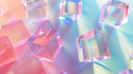 Poster - Dynamic composition of translucent cubes suspended in mid-air with soft shadows and a smooth pastel backdrop