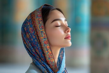 Wall Mural - Inner Peace Through Breath: Central Asian Woman Practicing Belly Breathing for Stress Relief in a Serene Room