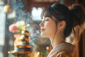 Wall Mural - Serene Japanese Model Woman Enjoying Aromatic Peace with Incense in Realistic Setting