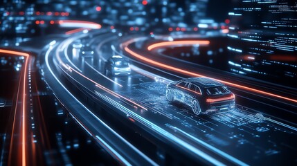 Futuristic self-driving car on a digital highway with glowing lines.