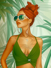 A woman wearing a green top and sunglasses is posing for a picture. The image has a tropical vibe, with palm trees in the background