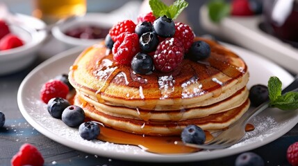 Wall Mural - Fluffy pancakes topped with fresh berries on a white plate