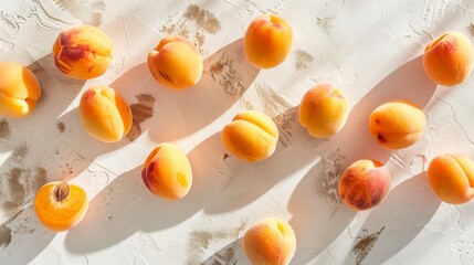 Poster - Fresh apricots arranged artistically on a light background, showing off their smooth skin and natural shine in a clean, uncluttered setting