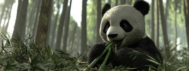 Panda, with a black and white coat, eating bamboo in a lush forest, soft ambient light