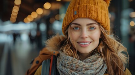 Wall Mural - happy young traveler woman,luggage waiting for train at train station platform