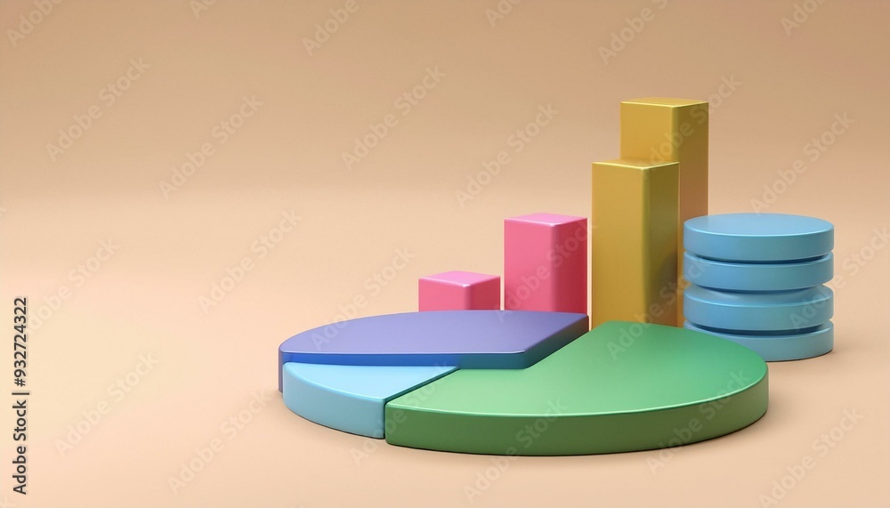 Colorful 3D pie chart and bar graph on a simple background ...