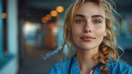 Wall Mural - healthcare worker taking break smoking cigarette outdoors in front of the hospital building