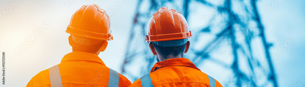Two construction workers in orange helmets look towards a power tower ...
