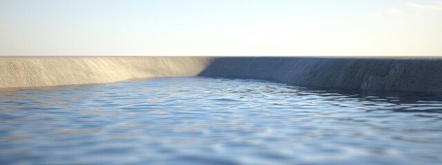 Reservoir dam, vast body of water, concrete structure, bright sunlight