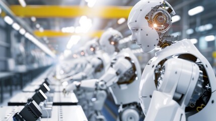Aufkleber - Group of robots assembling a machine in a factory