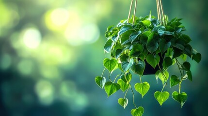 Wall Mural - Hanging Heartleaf Plant Against a Blurry Green Background