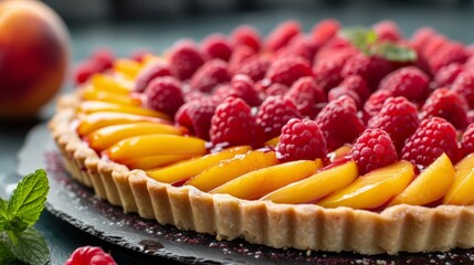 Wall Mural - Homemade fruit tart with raspberries and peaches