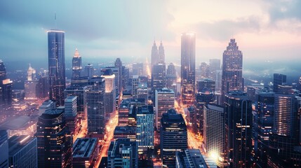 Aufkleber - Majestic city skyline featuring towering skyscrapers and illuminated buildings at dusk, with a soft glow from the city lights.