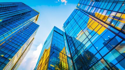 Poster - Modern city skyline with sleek glass buildings and elegant architecture under a clear blue sky, showcasing a blend of contemporary design.