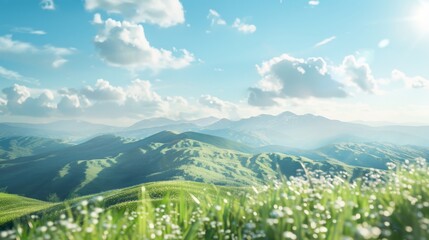 Wall Mural - On a high mountaintop, vibrant grasslands are set against a backdrop of light, fluffy clouds drifting in a clear sky.