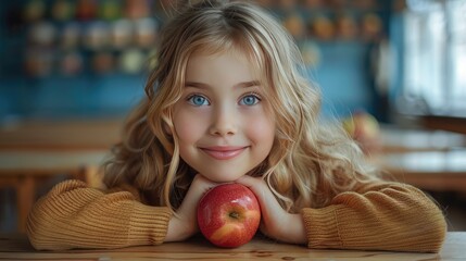 Wall Mural - portrait of schoolgirl pupil sitting at desk in classroom at the elementary school student girl holding apple during snack time break