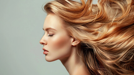 Woman with flowing blonde hair and closed eyes in studio setting