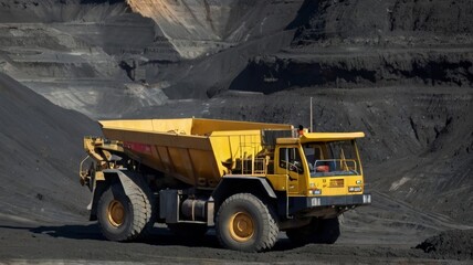 Work of trucks and the excavator in an open pit coal