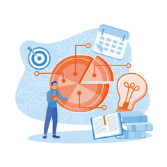 Businessman making workflow chart. Develop ideas and manage time to achieve targets. Business Plan concept. Flat vector illustration.