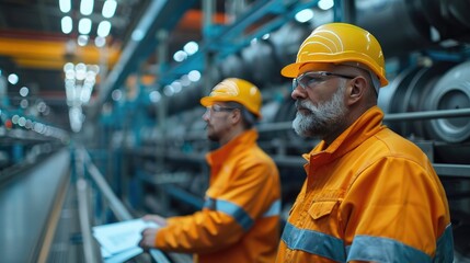 Wall Mural - two project managers standing in modern industrial factory looking blueprints,documents,table manufacturing facility,robotics robotic arms,automation storing products,materials