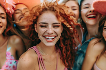 Smiling girl in stylish outdoor party attire, full of happiness and fun. Brown and black dominate the scene.