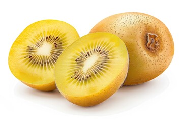 Wall Mural - Gold Kiwi Fruit: Juicy and Ripe Whole Kiwi with Slice Half Isolated on White Background