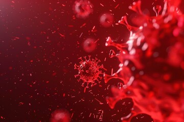 Red synthetic virology backdrop, intricate detail of an artificial virus, exploring themes of conspiracy theories surrounding the coronavirus, vivid virus alert visualization.