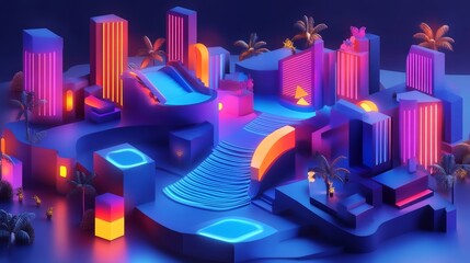 Abstract Neon Cityscape with Palm Trees