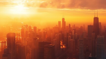 Aufkleber - Scenic city skyline featuring iconic tall buildings and an expansive horizon, set against a golden hour sky with warm, soft hues.
