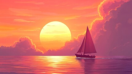 Wall Mural - Sailboat at Sunset with Colorful Clouds