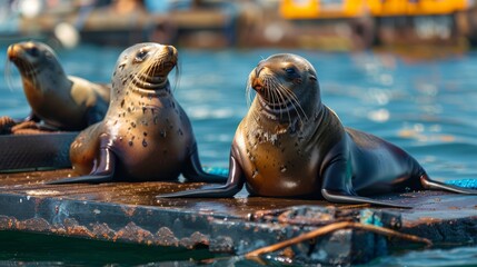 Wall Mural - Sea lions resting on a floating dock with gentle waves lapping around and a bright, sunny sky above.