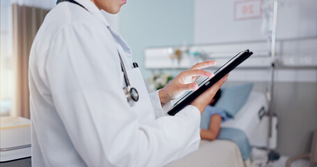 Poster - Hands, doctor and person with tablet, wellness and online reading for schedule, diagnosis treatment and technology. Closeup, employee and professional with healthcare, website info and medical charts