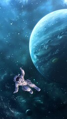 Wall Mural - space background with a planet and astronaut seamless looping overlay 4k virtual video animation bac