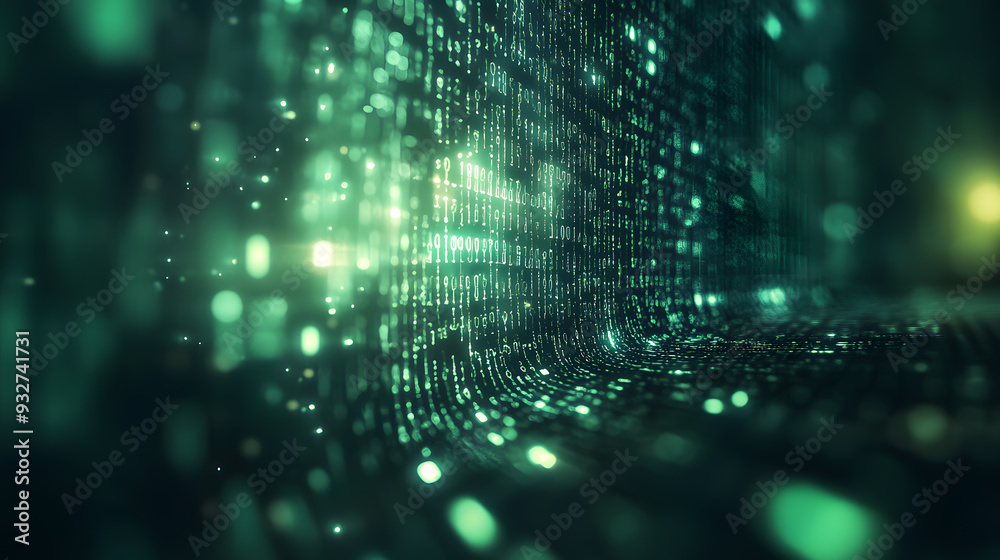 a digital rain of green binary code cascading down a dark black ...