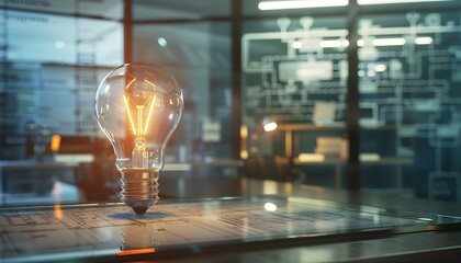 a glass board displaying detailed project blueprints and a lit bulb representing a new idea, capturi