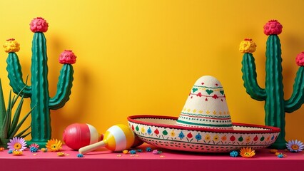 Colorful Cinco de Mayo setup featuring vibrant cacti, maracas, and a sombrero, perfect for festive celebrations and promotions with copy space.