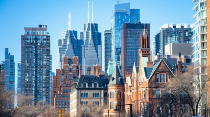 Poster - Stylish city skyline with a mix of historic and modern architecture, showcasing a blend of old and new under a clear, sunny sky.