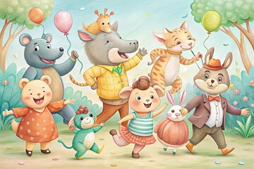 pastel colors and playful lines bring whimsical characters to life in comedic scenarios featuring ad