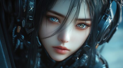 Wall Mural - Close up cute cyberpunk anime style girl young face character background wallpaper AI generated image