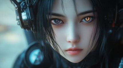 Wall Mural - Close up cute cyberpunk anime style girl young face character background wallpaper AI generated image