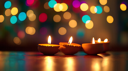 Wall Mural - close-up of traditional clay diyas (oil lamps) lit up against a backdrop of colorful string lights, creating a warm bokeh effect