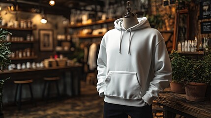 mock up of plain white hoodie in shop displayed on mannequin, mannequin standing in front of clothes rack