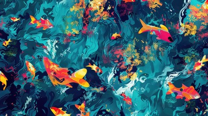 An abstract illustration of fish swimming in a wavy blue water.