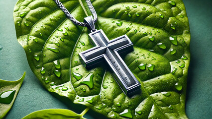 silver cross necklace lying on a fresh green leaf.