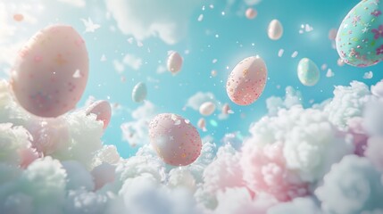 Poster - Whimsical Easter card background featuring a dreamy scene of a pastel sky with floating Easter eggs and fluffy clouds on a soft, blue canvas