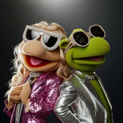 two stylish muppets in shimmering outfits and large sunglasses strike a pose, embodying glitz, glamo