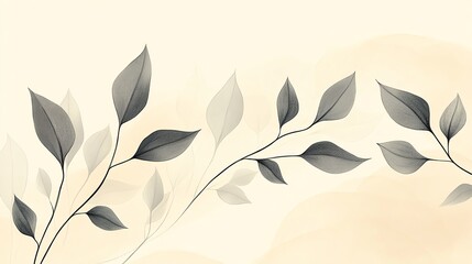 Minimalist watercolor painting of delicate grey leaves on a beige background.